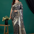 Luxury Charcoal Grey Crepe Silk Jari Weaving Designer Saree for Women