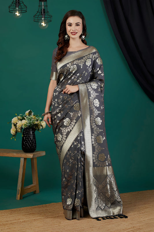 Luxury Charcoal Grey Crepe Silk Jari Weaving Designer Saree for Women