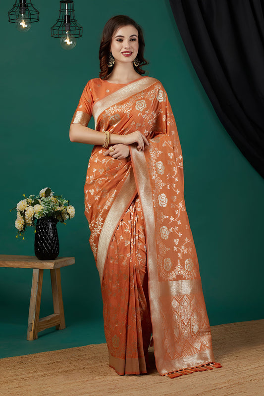 Premium Rust Orange Crepe Silk Jari Weaving Designer Saree for Women 