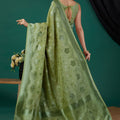 Graceful Olive Green Crepe Silk Floral Jari Weaving Designer Saree for Women