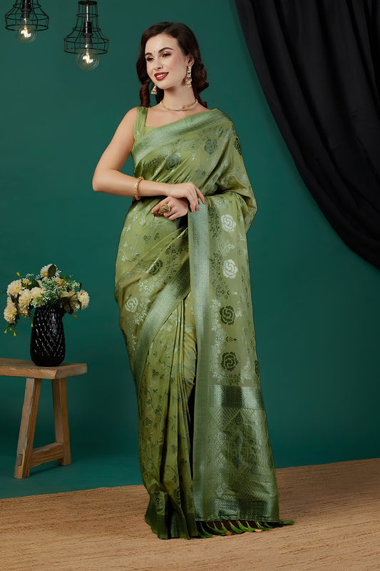 Graceful Olive Green Crepe Silk Floral Jari Weaving Designer Saree for Women