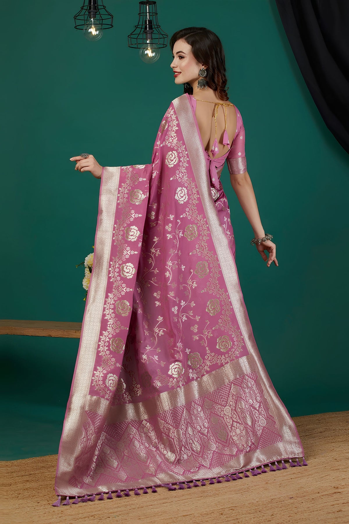 Lovely Mauve Satin Silk Woven Jacquard Floral Designer Saree for Women