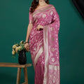 Lovely Mauve Satin Silk Woven Jacquard Floral Designer Saree for Women