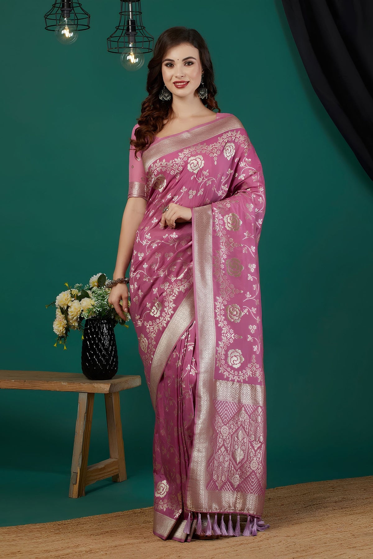 Lovely Mauve Satin Silk Woven Jacquard Floral Designer Saree for Women