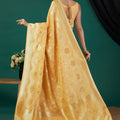 Stunning Yellow Satin Silk Woven Jacquard Floral Designer Saree for Women