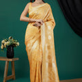Stunning Yellow Satin Silk Woven Jacquard Floral Designer Saree for Women