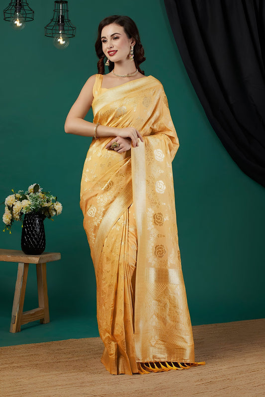 Stunning Yellow Satin Silk Woven Jacquard Floral Designer Saree for Women
