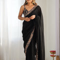 Elegant Black Vichitra Silk Sequin Embroidery Work Designer Saree for Women
