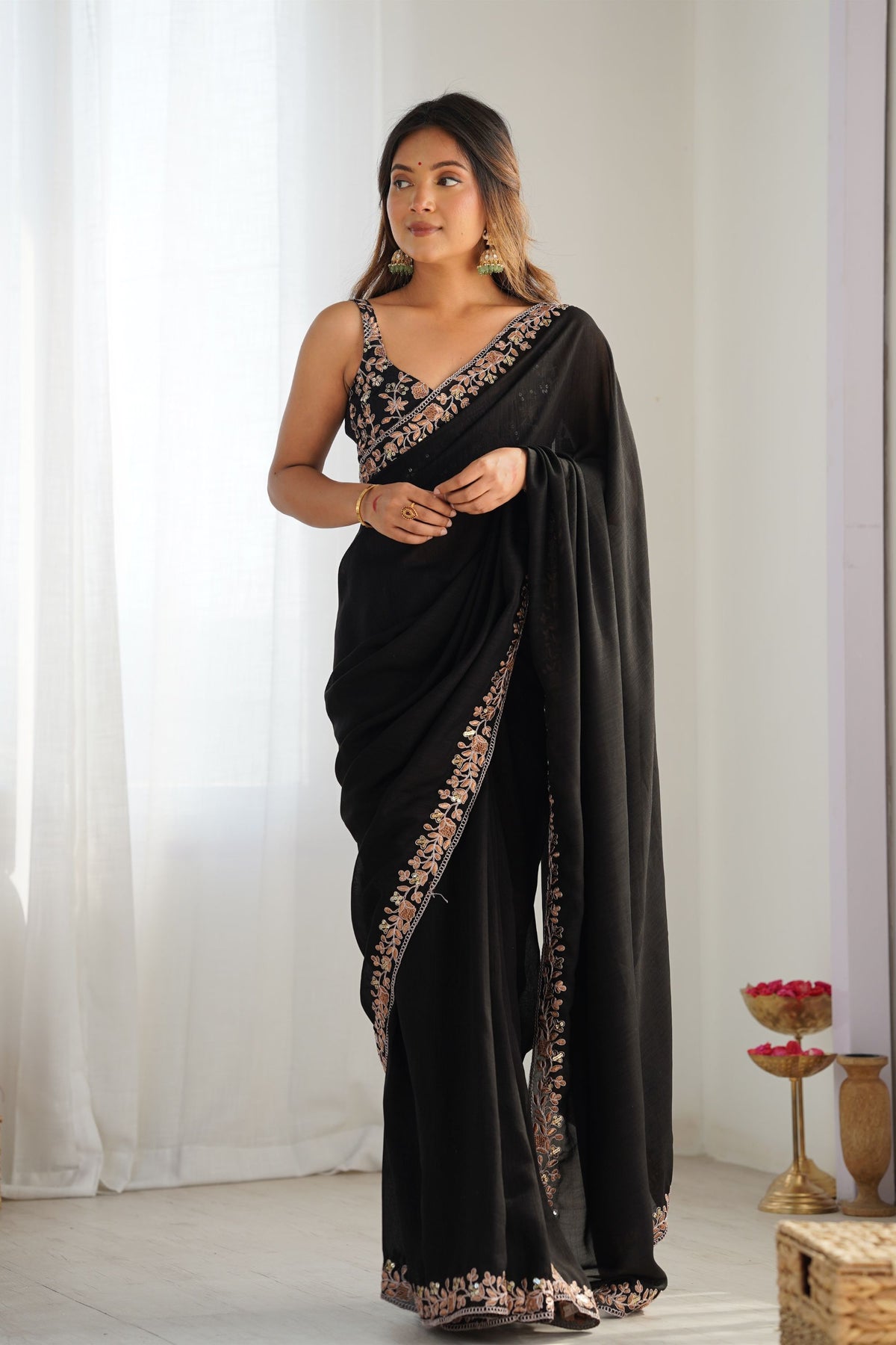 Elegant Black Vichitra Silk Sequin Embroidery Work Designer Saree for Women
