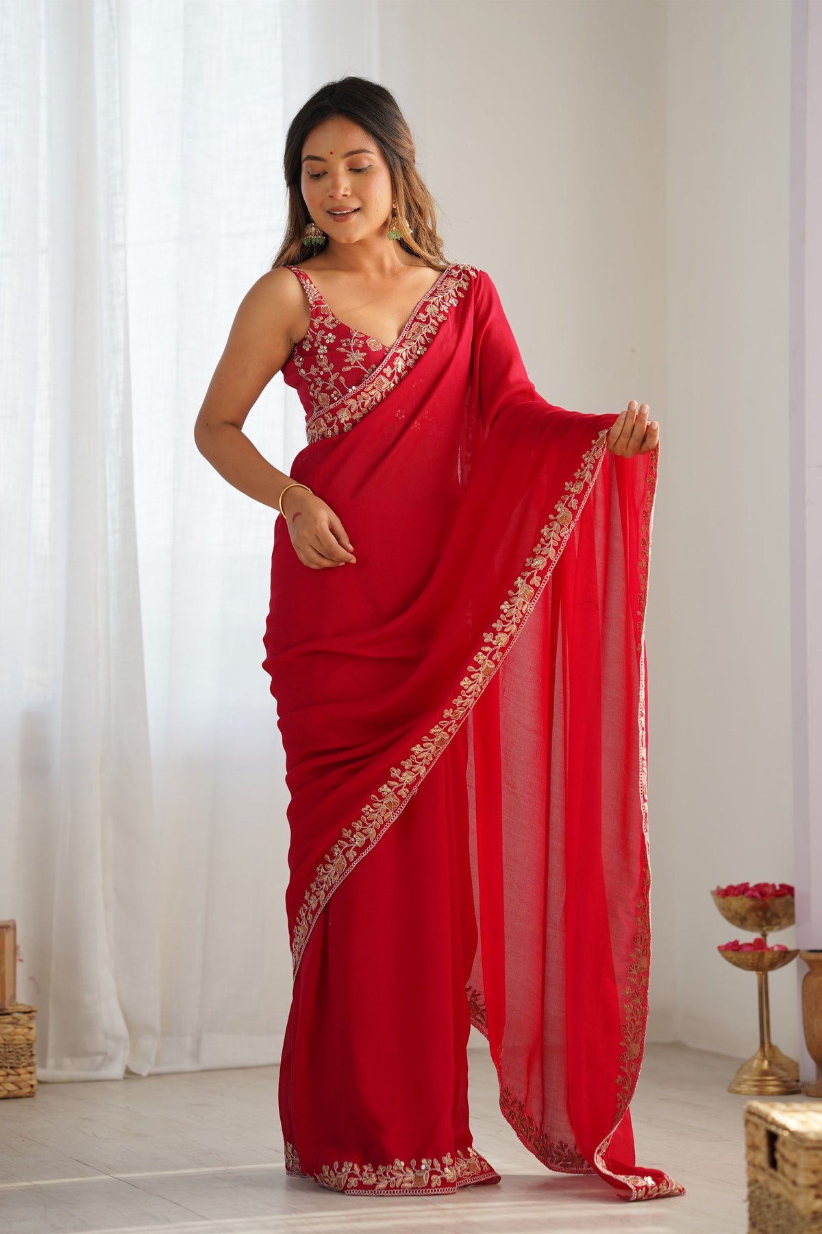 Luxury Red Vichitra Silk Sequin Embroidery Work Designer Saree for Women