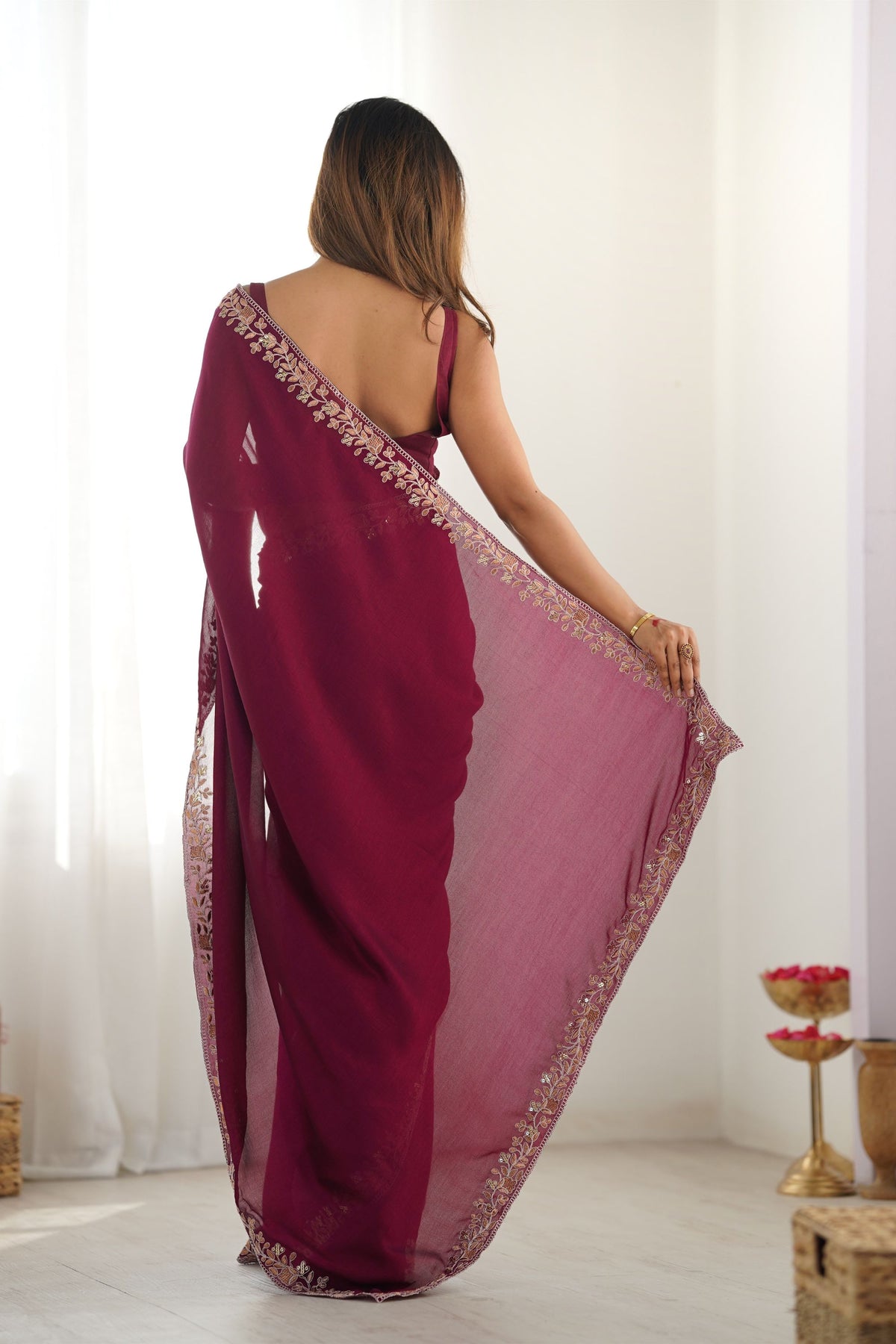 Elegant Wine Vichitra Silk Sequin Embroidery Work Designer Saree for Women