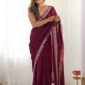 Elegant Wine Vichitra Silk Sequin Embroidery Work Designer Saree for Women