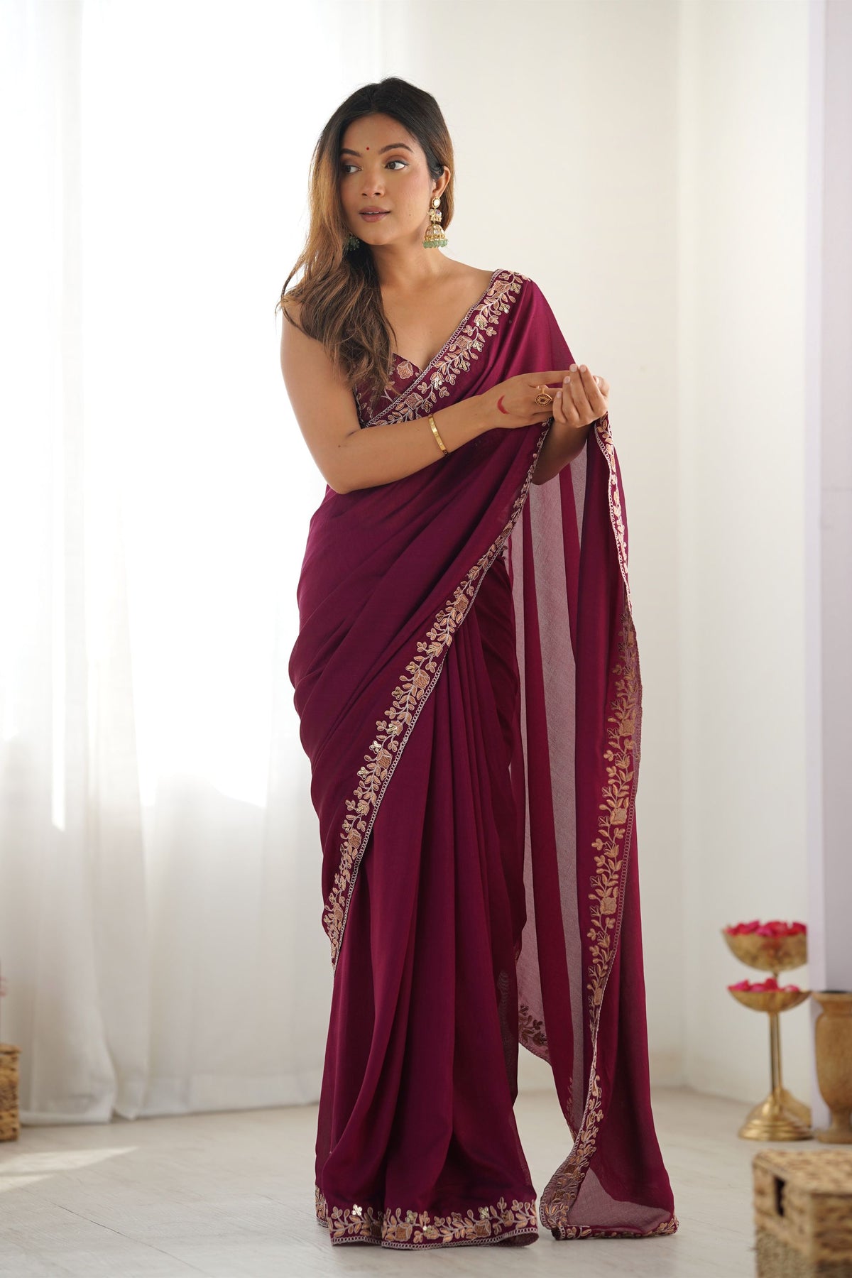 Elegant Wine Vichitra Silk Sequin Embroidery Work Designer Saree for Women
