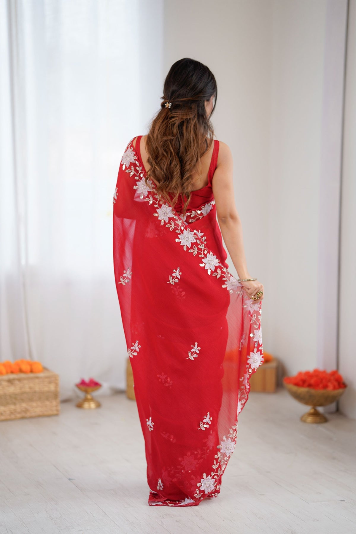 Premium Red Vichitra Silk Floral Embroidery Work Designer Saree for Women
