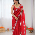Premium Red Vichitra Silk Floral Embroidery Work Designer Saree for Women