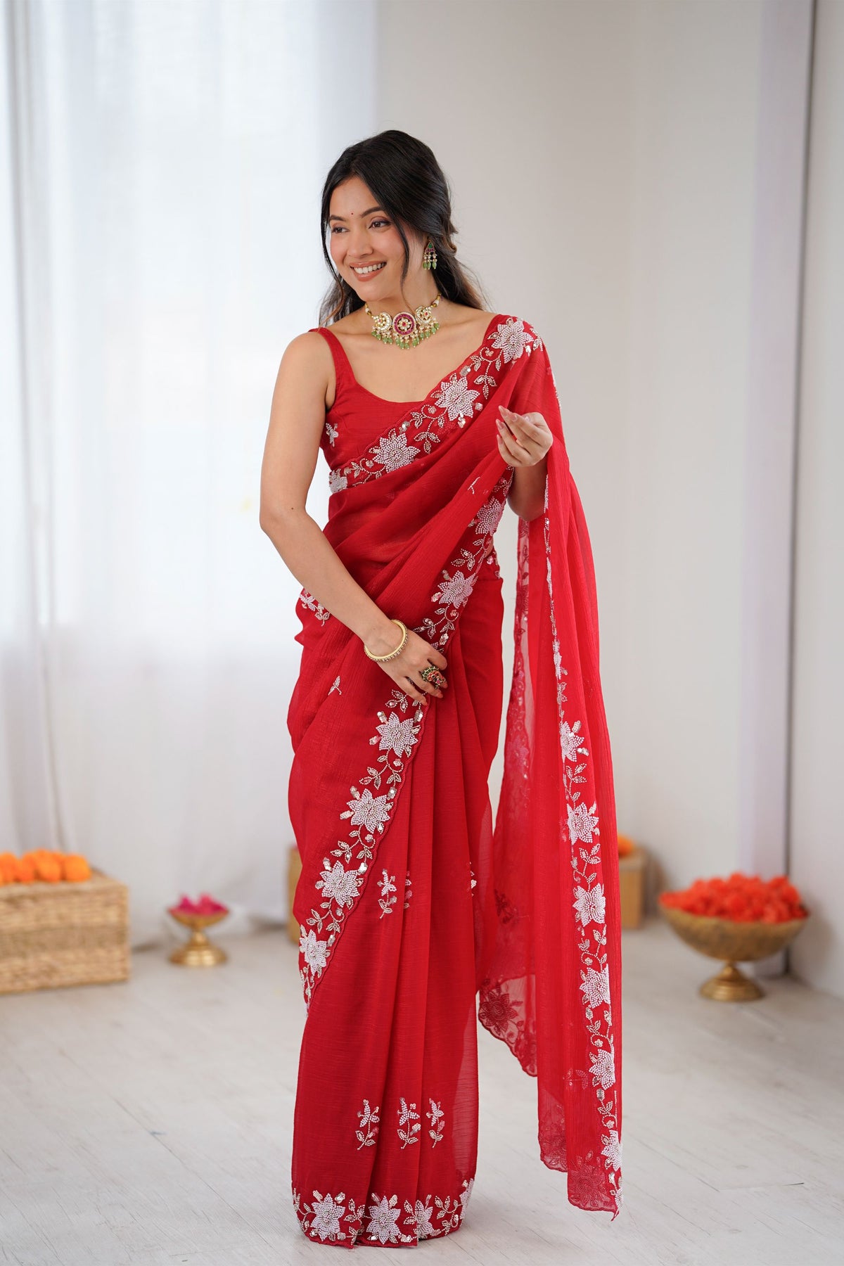 Premium Red Vichitra Silk Floral Embroidery Work Designer Saree for Women