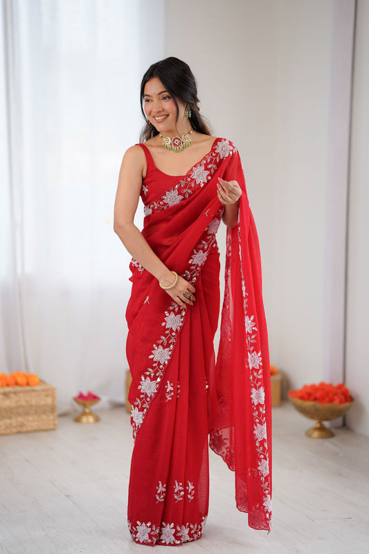 Premium Red Vichitra Silk Floral Embroidery Work Designer Saree for Women
