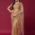 Stylish Beige Net Sequin Embroidery Work Designer Saree for Women
