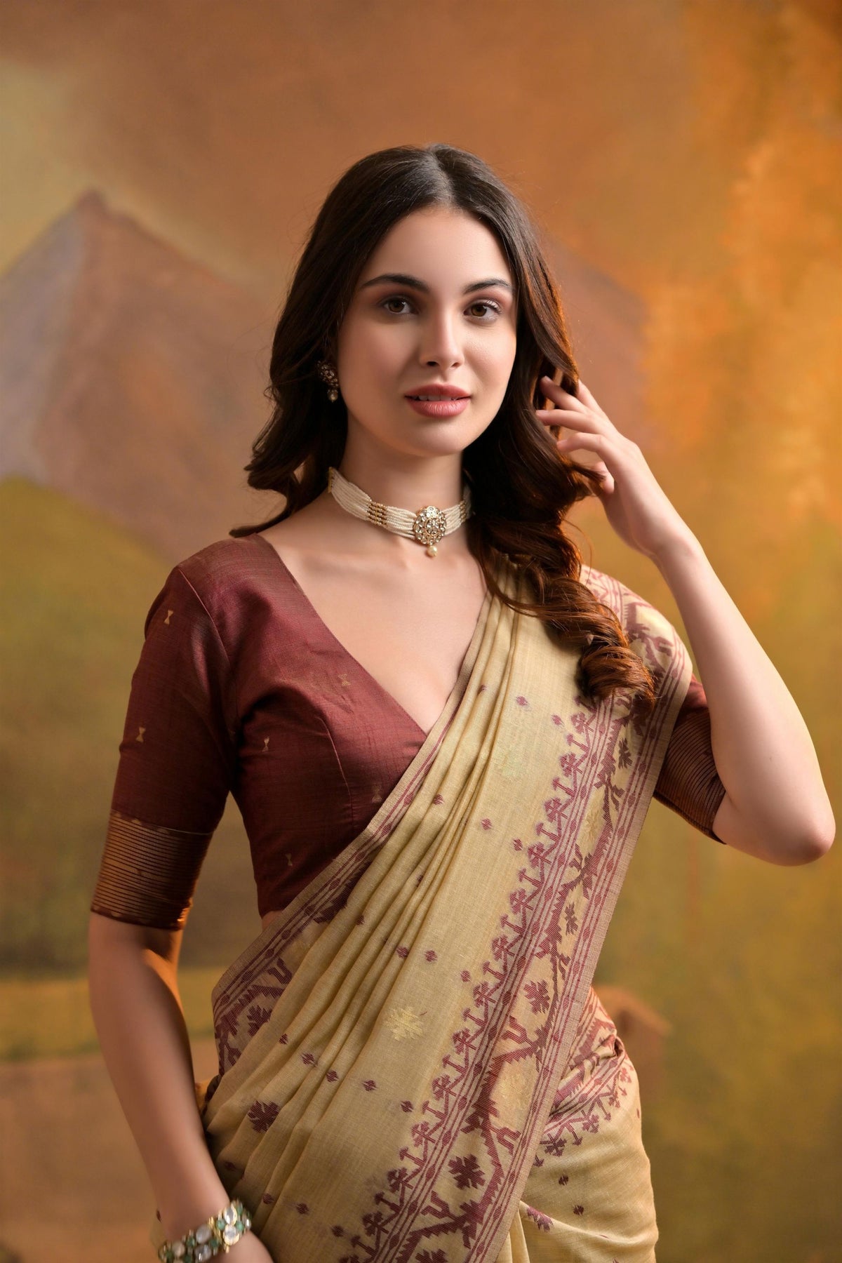 Elegant Beige Muga Cotton Jamdani Weaving Designer Saree for Women