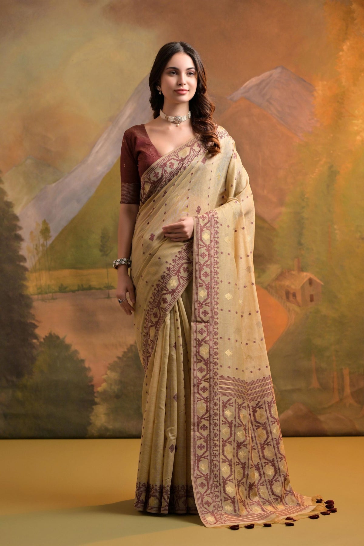 Elegant Beige Muga Cotton Jamdani Weaving Designer Saree for Women