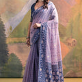 Stylish Lavender Muga Cotton Jamdani Weaving Designer Saree for Women