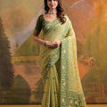 Lovely Pista Green Muga Cotton Jamdani Weaving Designer Saree for Women