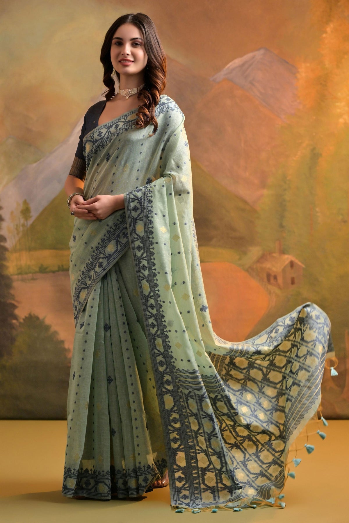 Graceful Sea Green Muga Cotton Jamdani Weaving Designer Saree for Women