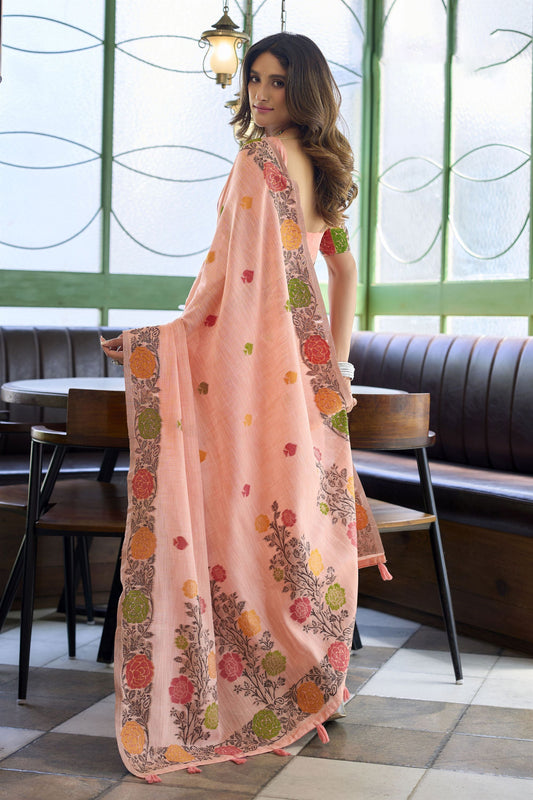 Elegant Peach Pink Handloom Linen Woven Jacquard Thread Designer Saree for Women
