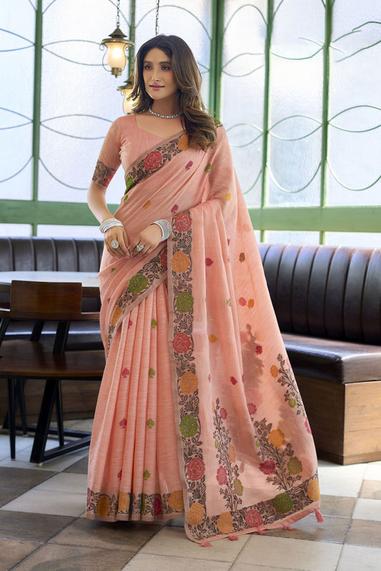 Elegant Peach Pink Handloom Linen Woven Jacquard Thread Designer Saree for Women