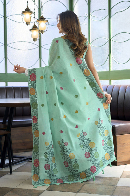 Graceful Sea Green Handloom Linen Woven Jacquard Thread Designer Saree for Women