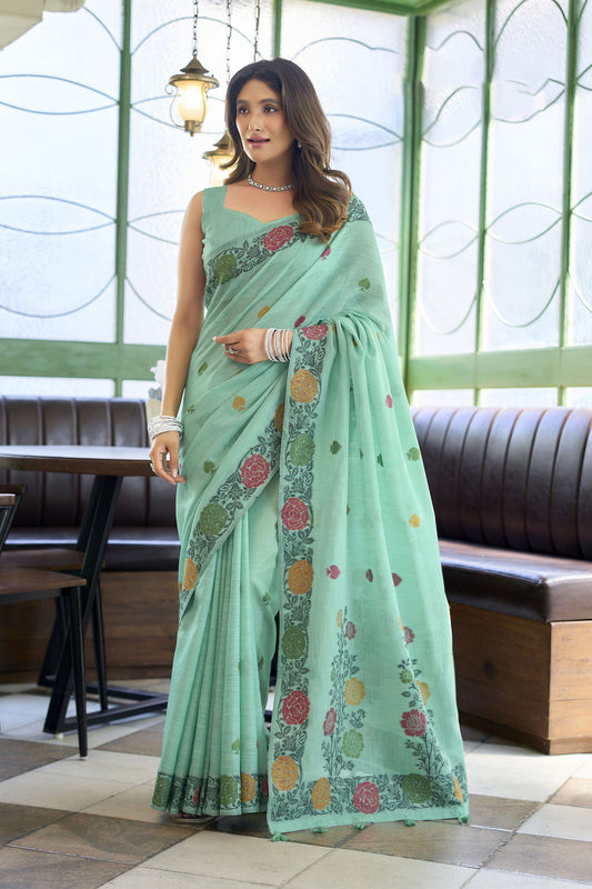 Graceful Sea Green Handloom Linen Woven Jacquard Thread Designer Saree for Women