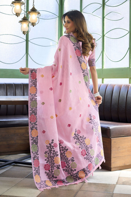 Beautiful Pink Handloom Linen Woven Jacquard Thread Designer Saree for Women