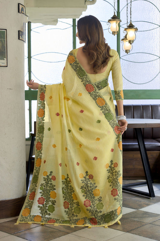 Premium Yellow Handloom Linen Woven Jacquard Thread Designer Saree for Women