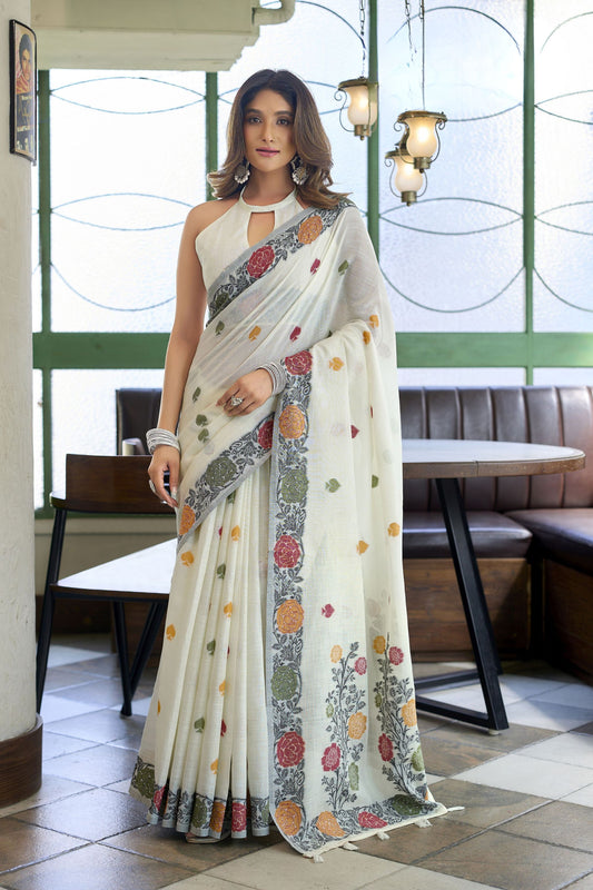 Luxury Off-White Handloom Linen Woven Jacquard Thread Designer Saree for Women