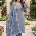 Stylish Blue Shimmer Cotton Linen Salwar Suit with Hand Work Printed Dupatta for Women