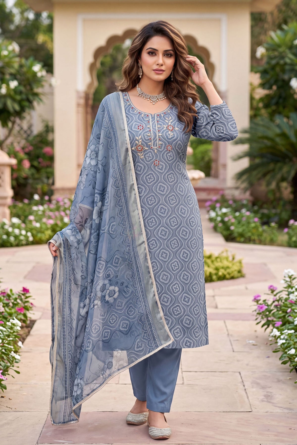 Stylish Blue Shimmer Cotton Linen Salwar Suit with Hand Work Printed Dupatta for Women