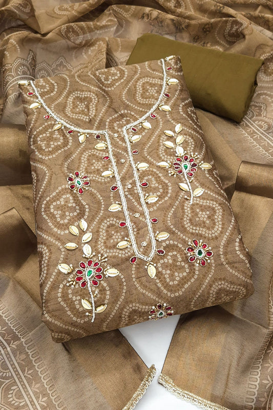 Graceful Olive Green Shimmer Cotton Linen Printed Salwar Suit with Hand Work for Women