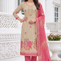 Charming Beige Shimmer Cotton Linen Printed Salwar Suit with Embroidery Work and Dupatta for Women