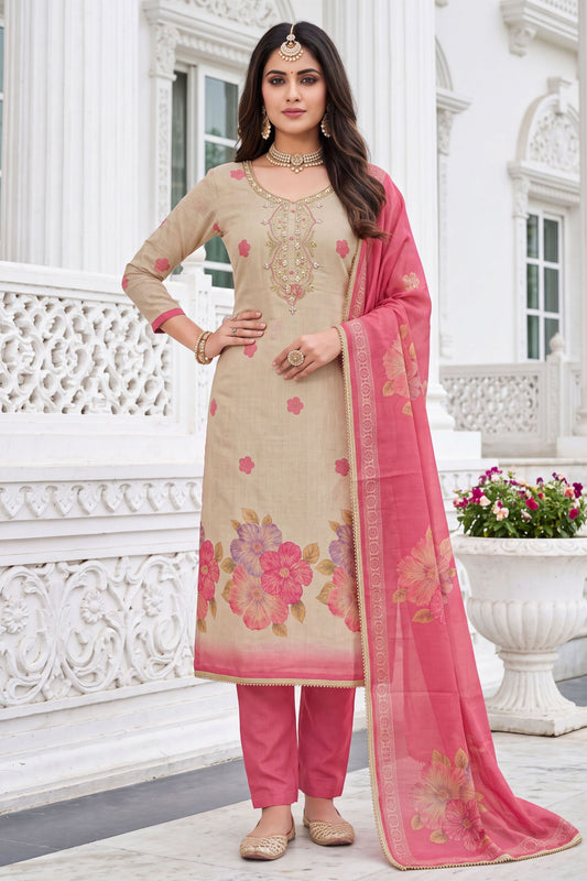 Charming Beige Shimmer Cotton Linen Printed Salwar Suit with Embroidery Work and Dupatta for Women