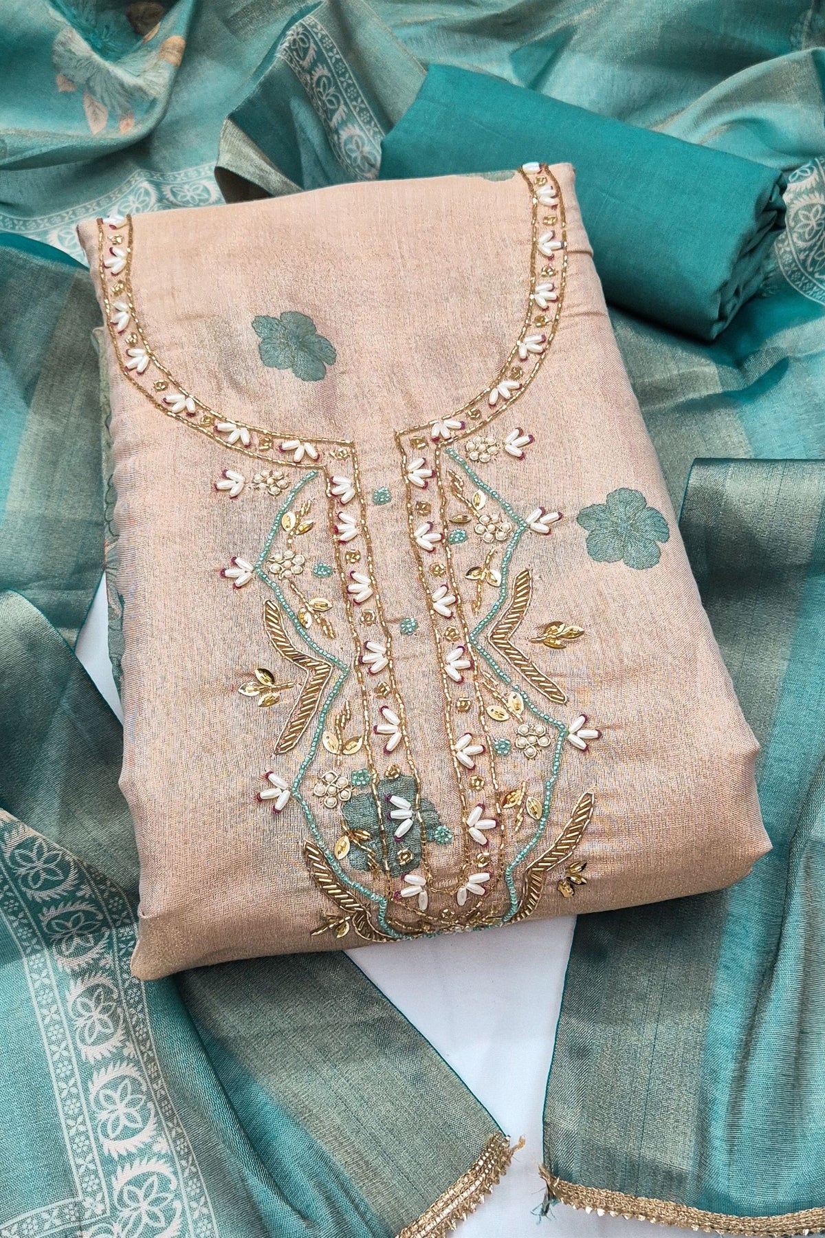 Captivating Beige Shimmer Cotton Linen Printed Salwar Suit with Embroidery Work and Dupatta for Women