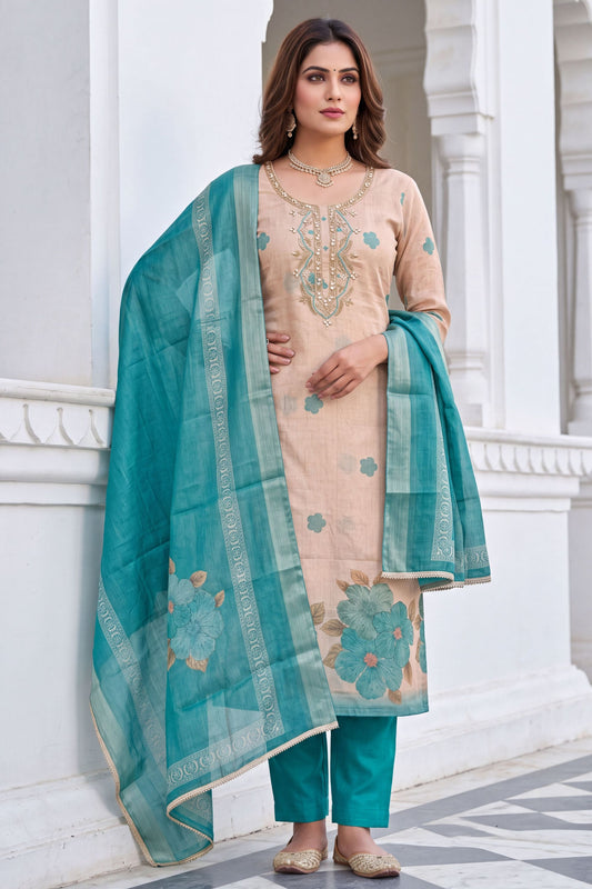 Captivating Beige Shimmer Cotton Linen Printed Salwar Suit with Embroidery Work and Dupatta for Women