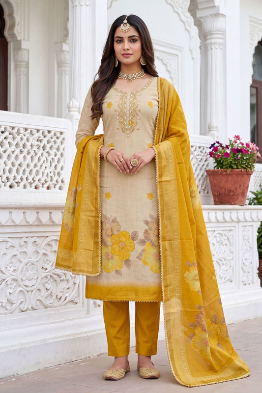 Radiant Beige Shimmer Cotton Linen Printed Salwar Suit with Embroidery Work and Dupatta for Women