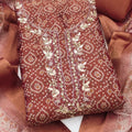 Terracotta Rust Brown Shimmer Cotton Linen Printed Salwar Suit with Embroidery Work and Dupatta for Women