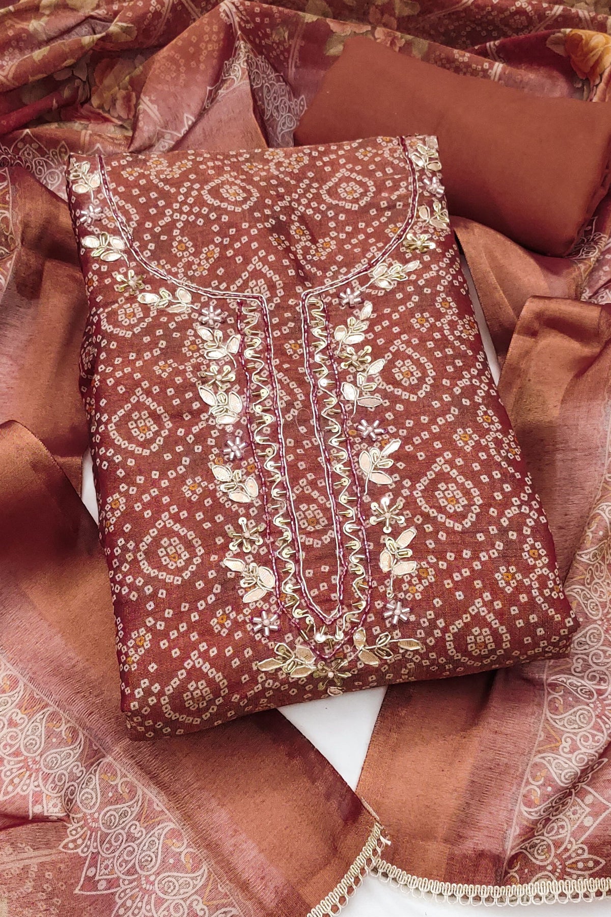 Terracotta Rust Brown Shimmer Cotton Linen Printed Salwar Suit with Embroidery Work and Dupatta for Women