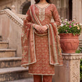 Terracotta Rust Brown Shimmer Cotton Linen Printed Salwar Suit with Embroidery Work and Dupatta for Women