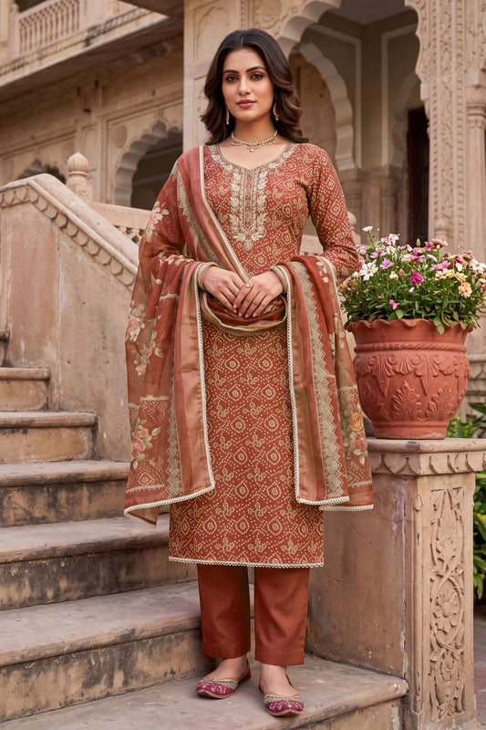 Terracotta Rust Brown Shimmer Cotton Linen Printed Salwar Suit with Embroidery Work and Dupatta for Women