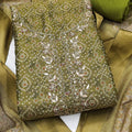 Striking Olive Green Shimmer Cotton Linen Printed Salwar Suit with Embroidery Work Dupatta for Women
