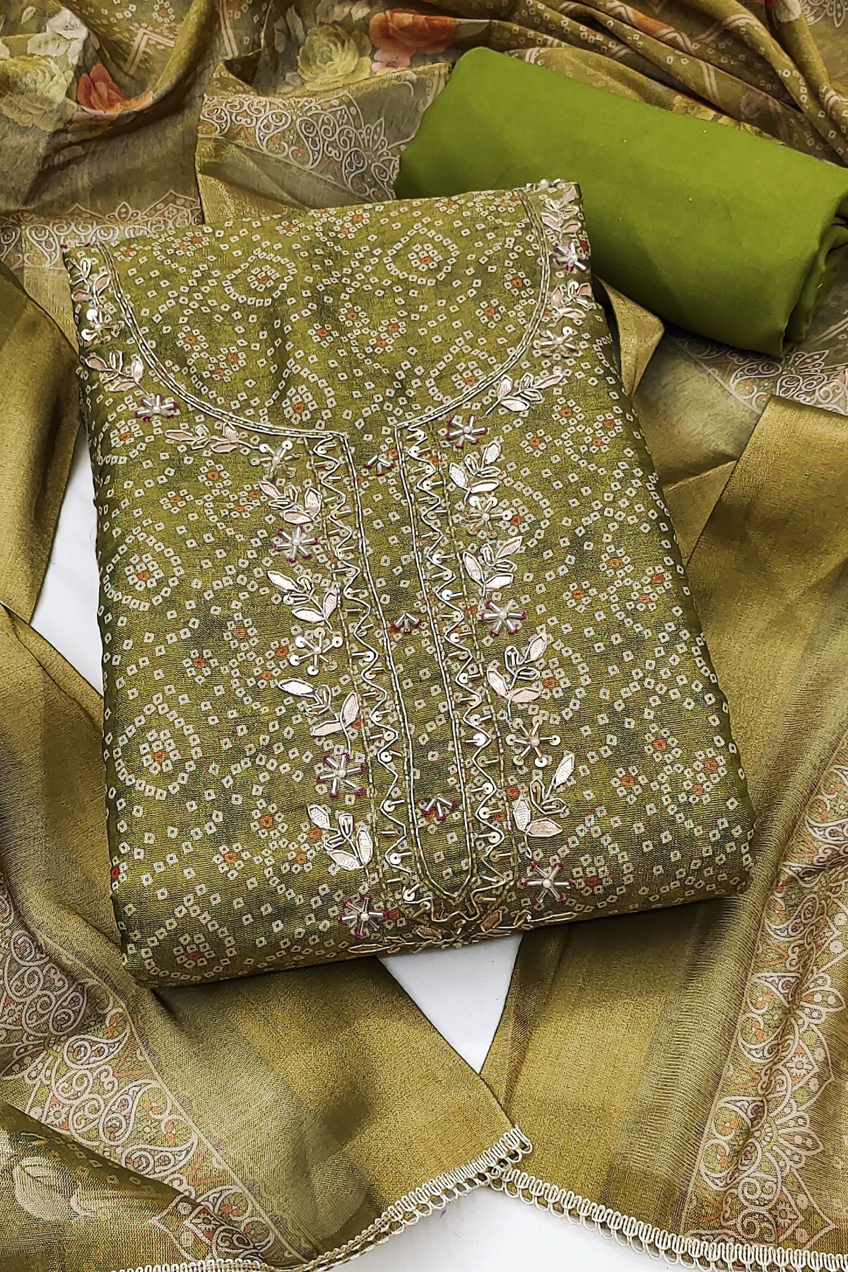 Striking Olive Green Shimmer Cotton Linen Printed Salwar Suit with Embroidery Work Dupatta for Women