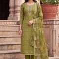 Striking Olive Green Shimmer Cotton Linen Printed Salwar Suit with Embroidery Work Dupatta for Women