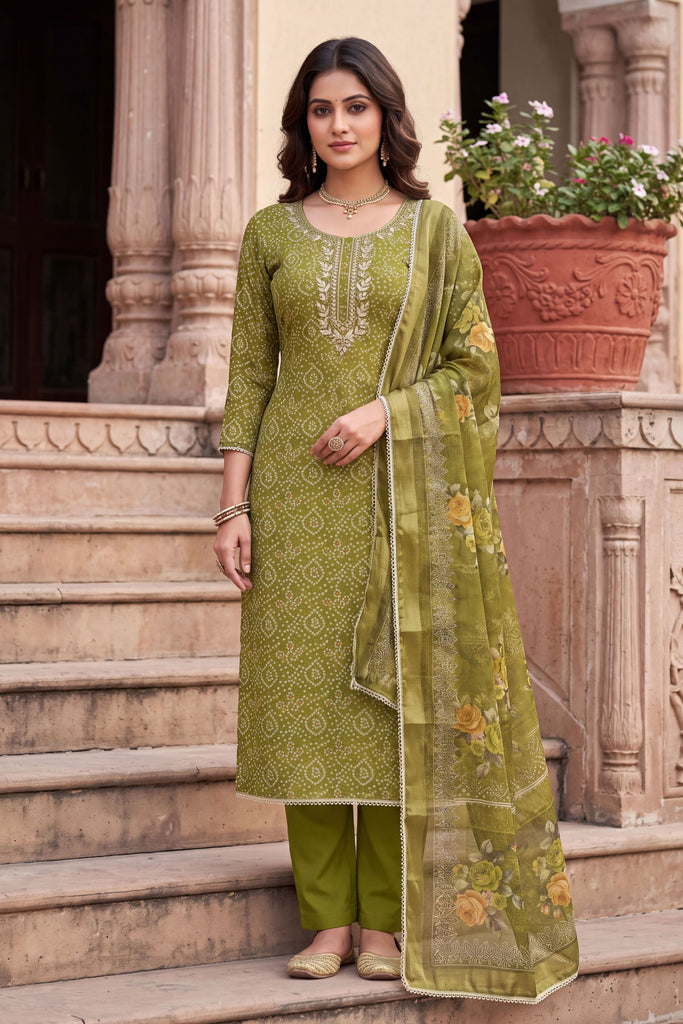 Striking Olive Green Shimmer Cotton Linen Printed Salwar Suit with Embroidery Work Dupatta for Women